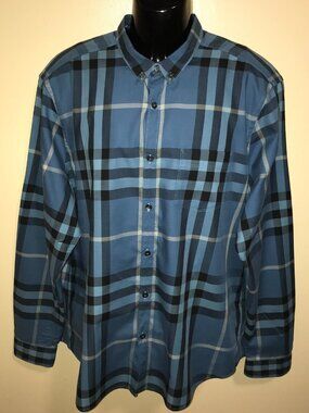 Men's Burberry Brit Nova Check Long Sleeve Button Up Shirt-Blue- Size: 2XL
